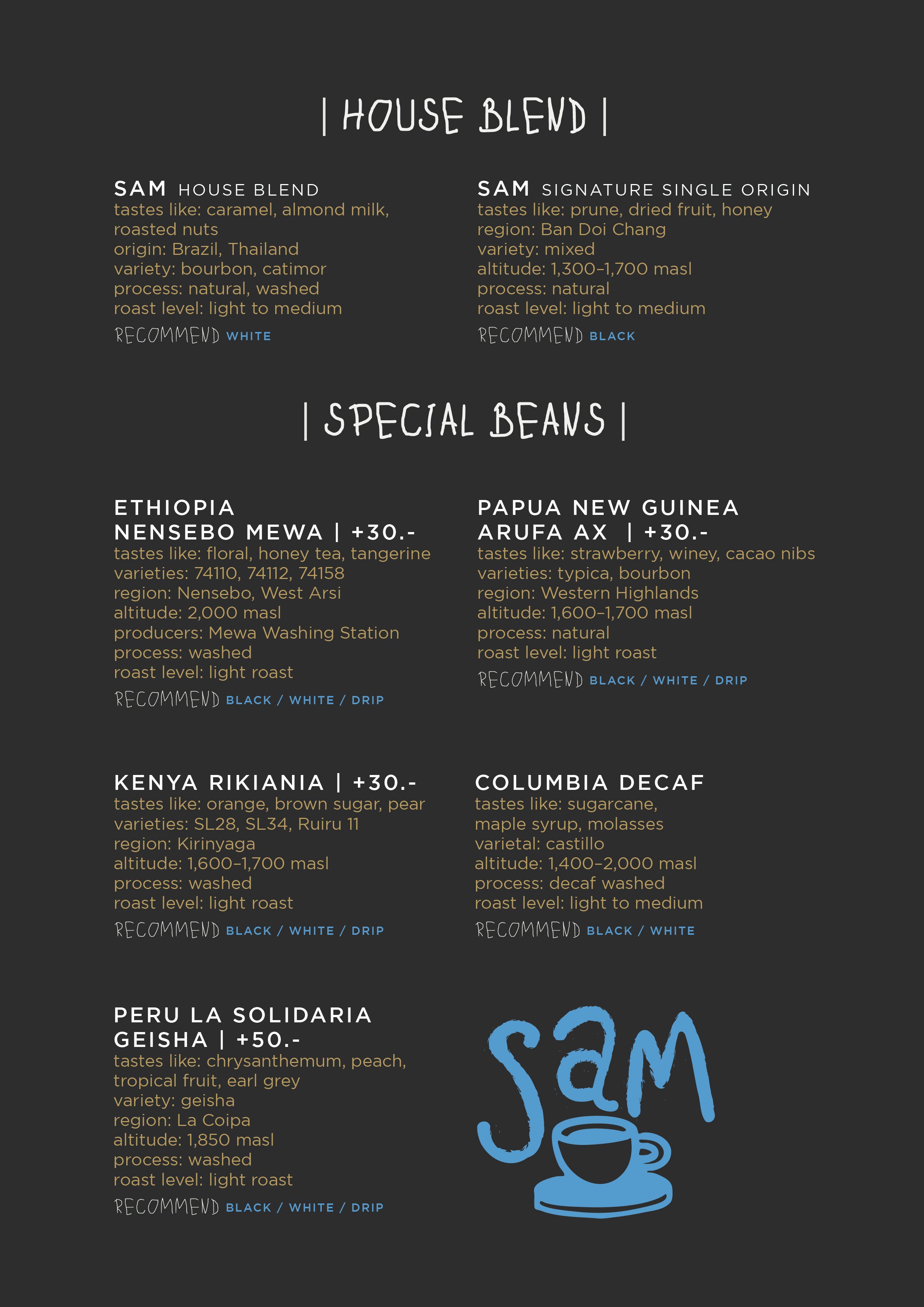 เมนูของ Sam Roasters (Sam Roaster) ร้านกาแฟ เอกมัย specialty คาเฟ่ กาแฟ