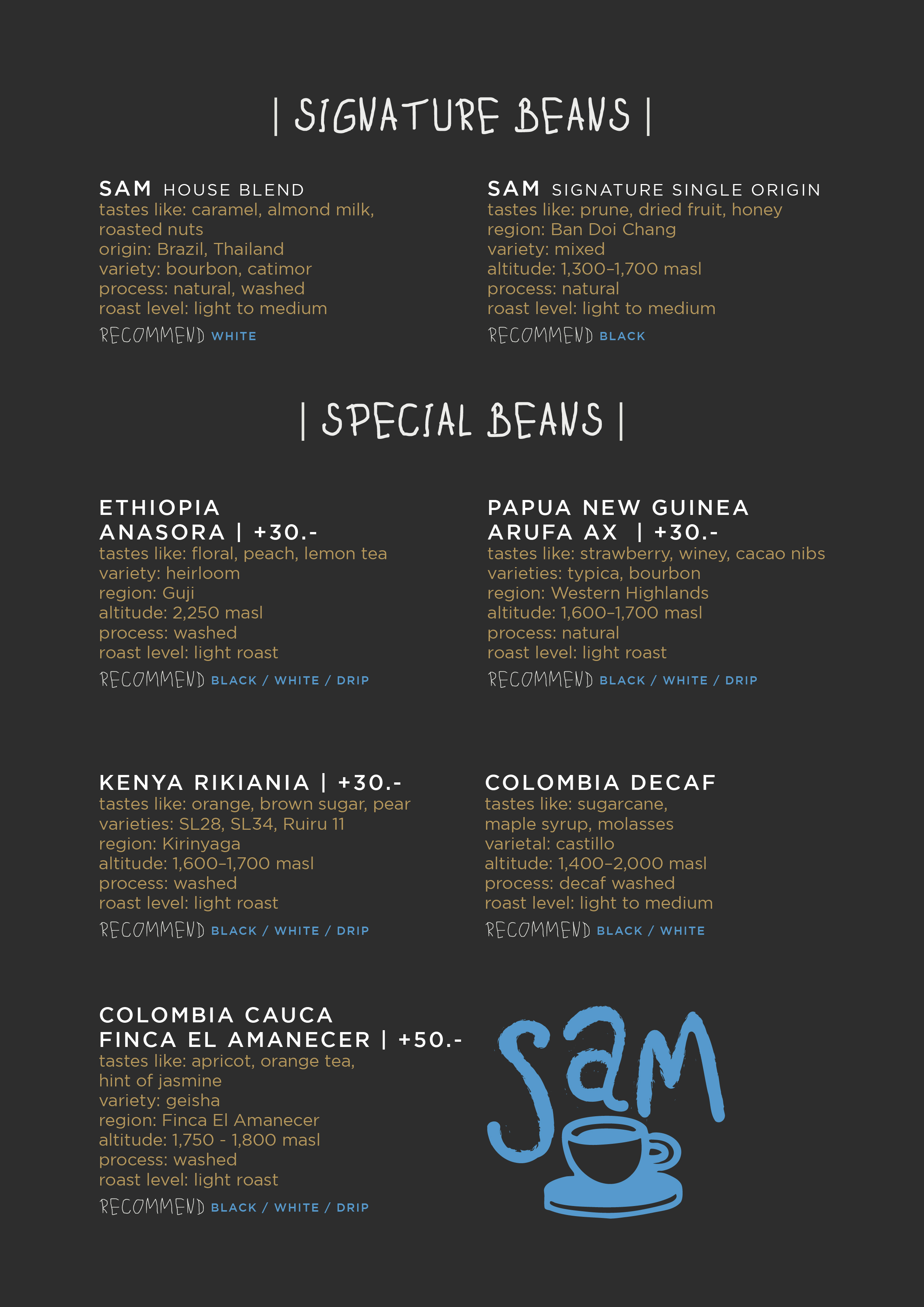 เมนูของ Sam Roasters (Sam Roaster) ร้านกาแฟ เอกมัย specialty คาเฟ่ กาแฟ